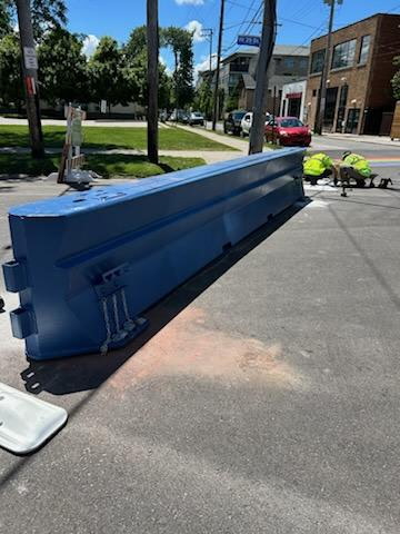 Close-up of a Haven steel security barrier on a city street